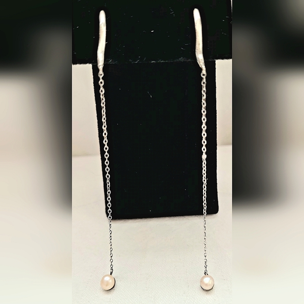 Sterling Silver 3.5" Drop Earrings w/ 2 Freshwater Pearls